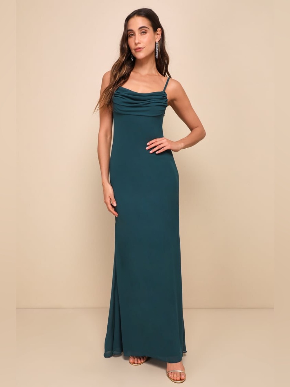 Lulu’s Captivated Emerald Green Cowl Neck Maxi Dress